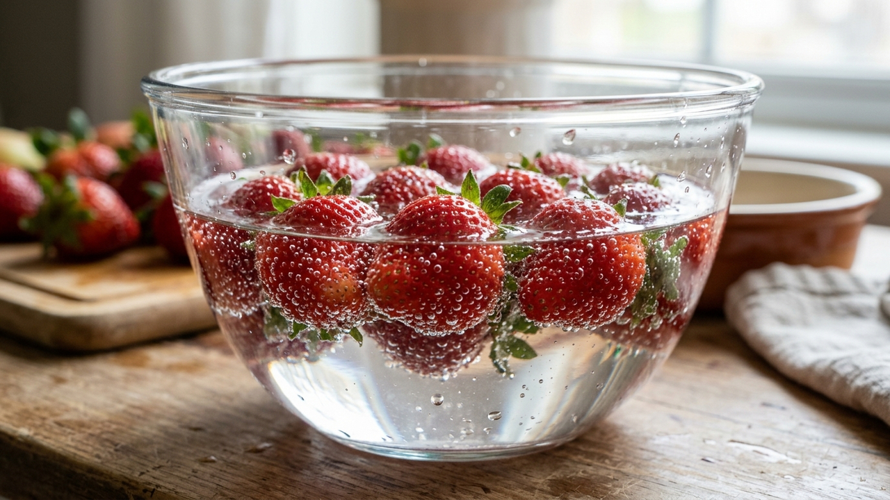 Lavar morangos frescos com água e vinagre branco: o truque simples de higienização que elimina esporos de mofo e faz a fruta durar dias
