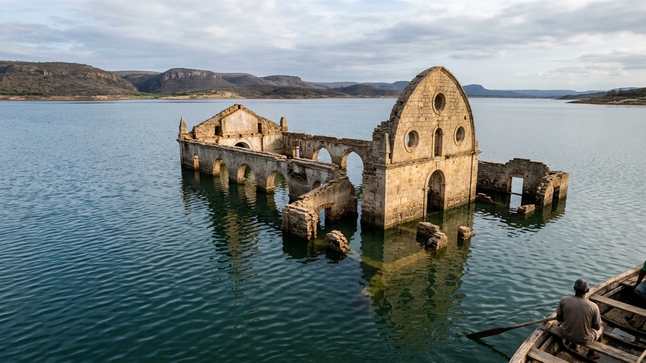 Em 1988, uma cidade inteira de Pernambuco foi coberta pelas águas de uma represa, e até hoje a torre da antiga igreja reaparece quando o lago baixa