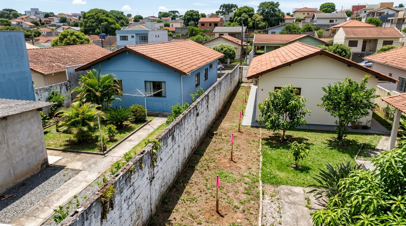 Homem compra um lote murado havia anos, manda levantar a construção e durante a medição descobre que dois metros do terreno na verdade pertencem ao vizinho pela matrícula
