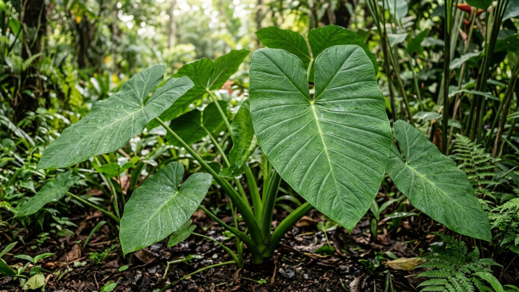 Cultivo de taioba-verdadeira na sombra do quintal: como diferenciar a folhagem comestível da variedade brava para colher com segurança