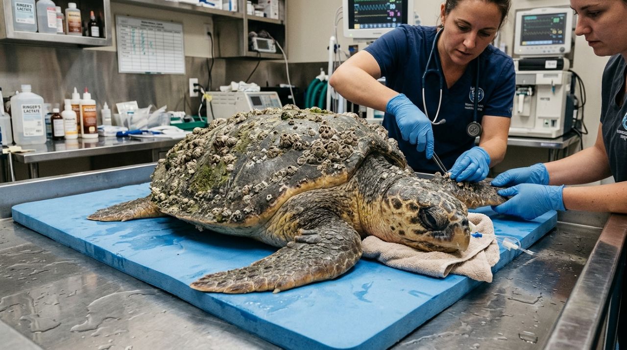 Tartaruga-marinha é encontrada coberta de cracas e passa 92 dias em recuperação antes de ganhar uma nova chance