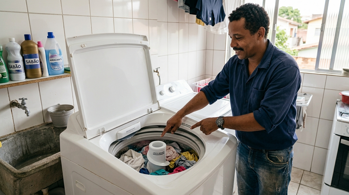 Técnico de máquina de lavar conta que 65% dos chamados são aparelhos que travam porque o morador sobrecarrega o cesto ou usa sabão demais e ensina a dose certa