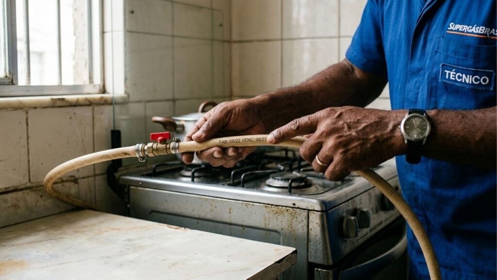 Técnico que instala gás residencial repete sempre o mesmo alerta: a mangueira do botijão tem prazo de validade impresso no próprio plástico, o regulador também vence, e trocar só o botijão não elimina o risco de vazamento na cozinha