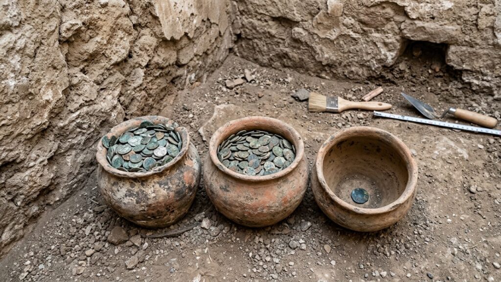 Arqueólogos encontraram mais de 40 mil moedas romanas escondidas em 3 vasos sob o piso de uma casa construída há cerca de 1.800 anos