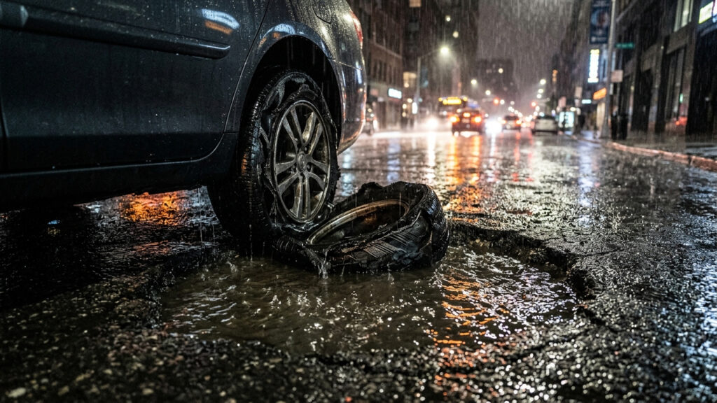 Motorista cai em buraco na chuva, rasga 2 pneus e Justiça determina que Prefeitura pague indenização de R$ 4 mil na conta dele em até 30 dias