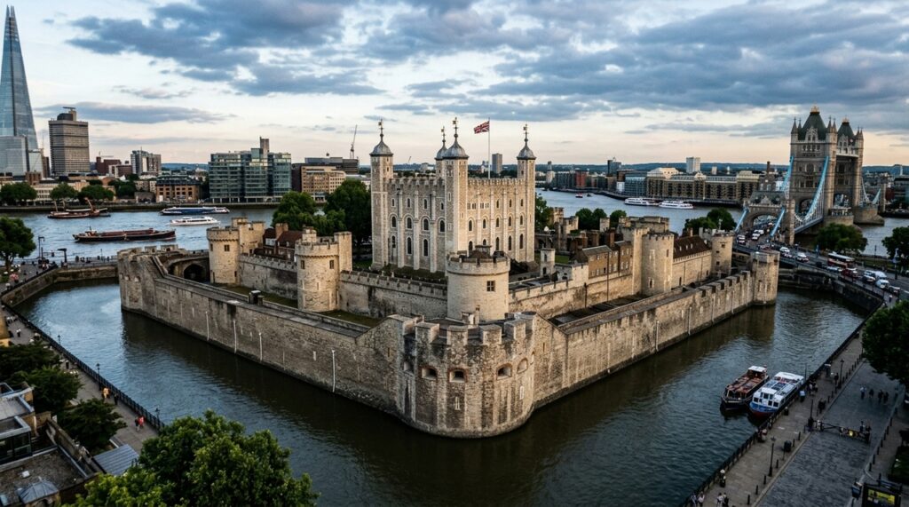 Torre de Londres começou a ser construída por volta de 1078, passou por ampliações durante séculos, sua Torre Branca possui cerca de 27 metros de altura e servia originalmente como fortificação