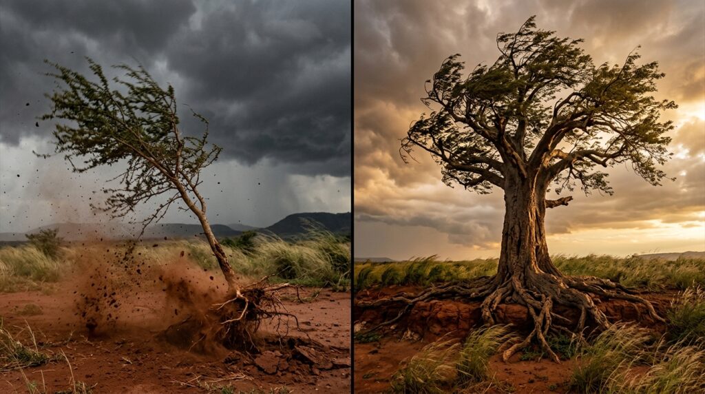 Provérbio africano do dia, “Quando as raízes de uma árvore são profundas, ela não precisa temer o vento, porque sabe de onde veio antes de enfrentar a tempestade.” Uma sabedoria ancestral sobre atravessar crises