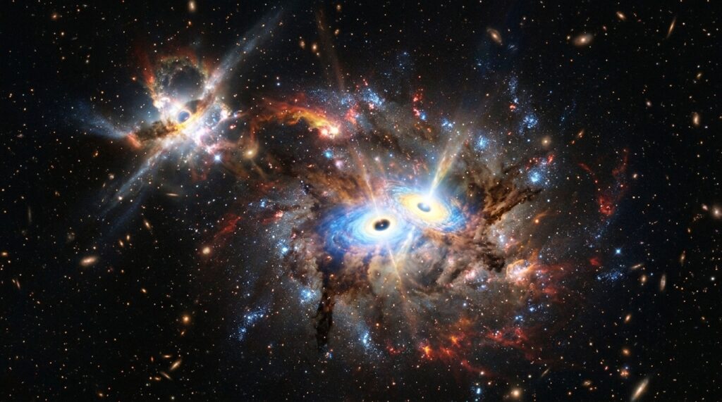 Astrônomos identificaram três buracos negros supermassivos ativos na galáxia J0148-4214, observada quando o Universo tinha apenas 1,2 bilhão de anos de existência