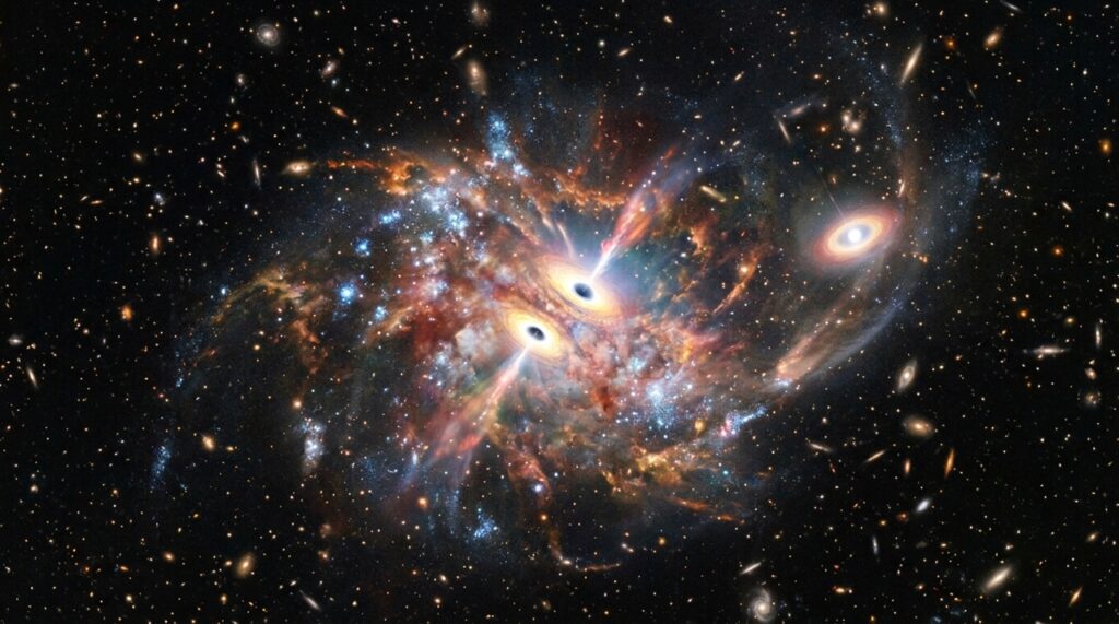 Astrônomos identificaram três buracos negros supermassivos ativos na galáxia J0148-4214, observada quando o Universo tinha apenas 1,2 bilhão de anos de existência