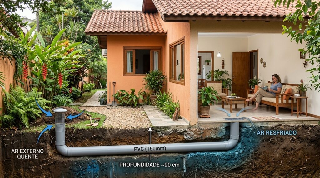 Tubo de PVC enterrado no quintal usa a temperatura do solo para refrescar a casa sem ar-condicionado: sistema a 90 cm de profundidade pode reduzir o ar em até 10°C ao longo de 12 metros