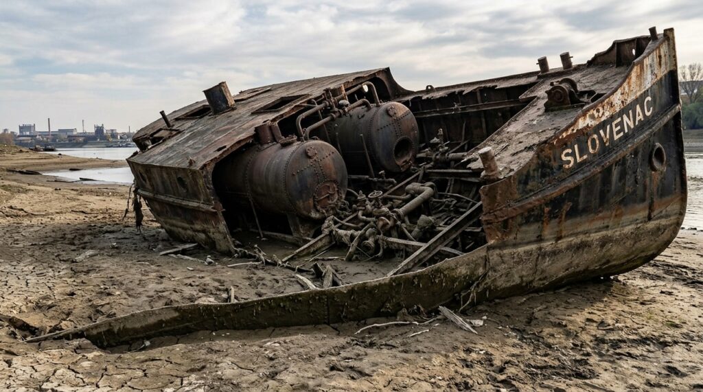 Seca faz ressurgir o “Titanic do Sava”, rebocador afundado por uma mina alemã em 1945