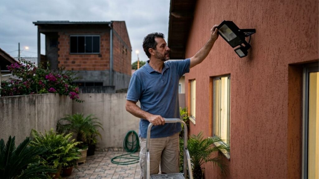 Vizinho instala holofote de LED virado para a janela do quarto ao lado para iluminar o próprio quintal