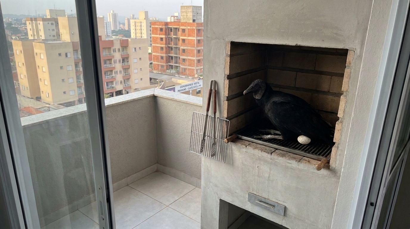Mulher aluga um apartamento com churrasqueira na varanda, mas antes da carne chegou uma mamãe urubu, que fez um ninho. Ela comunicou ao órgão ambiental do estado, que respondeu: se remover a hóspede, pode tomar multa e ser presa por crime ambiental