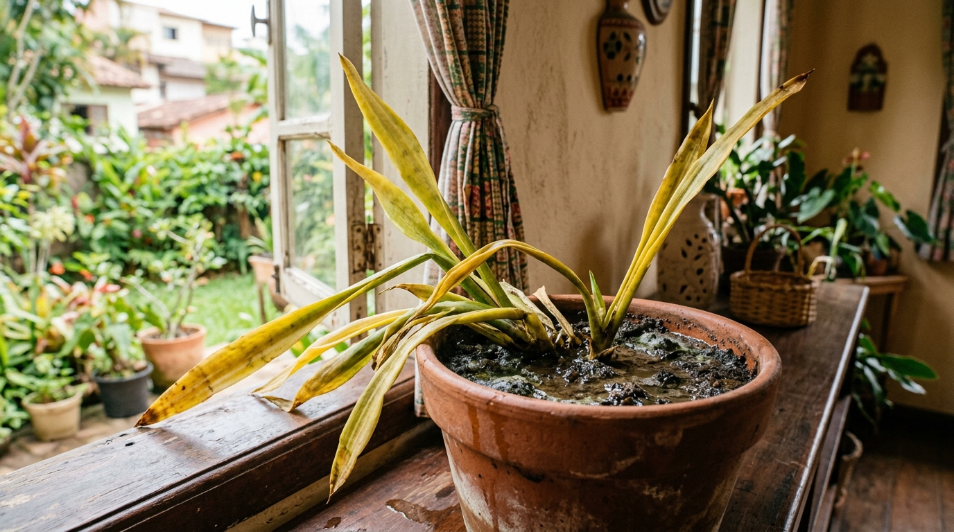 Especialista em plantas afirma: se a espada-de-são-jorge está com as folhas amolecendo e amarelas, o problema não é falta de sol, mas excesso de água