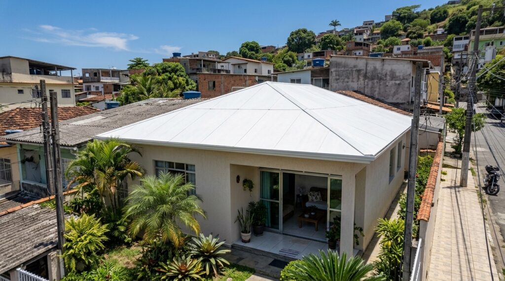 Telhado branco reflete parte da radiação solar e ajuda a manter a casa mais fresca durante o verão sem precisar aumentar o uso do ar-condicionado
