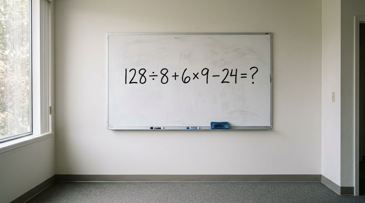 Faça mentalmente e veja se ainda domina a ordem das operações: 128 ÷ 8 + 6 × 9 − 24