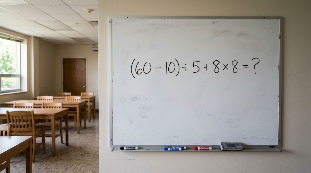 A maioria começa pela parte errada: (60 – 10) ÷ 5 + 8 × 8
