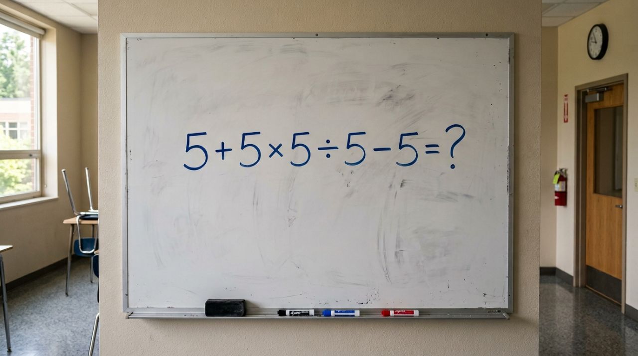 Parece que repetir o número facilita a conta, mas 5 + 5 × 5 ÷ 5 – 5 exige atenção a um detalhe que muda completamente a resposta