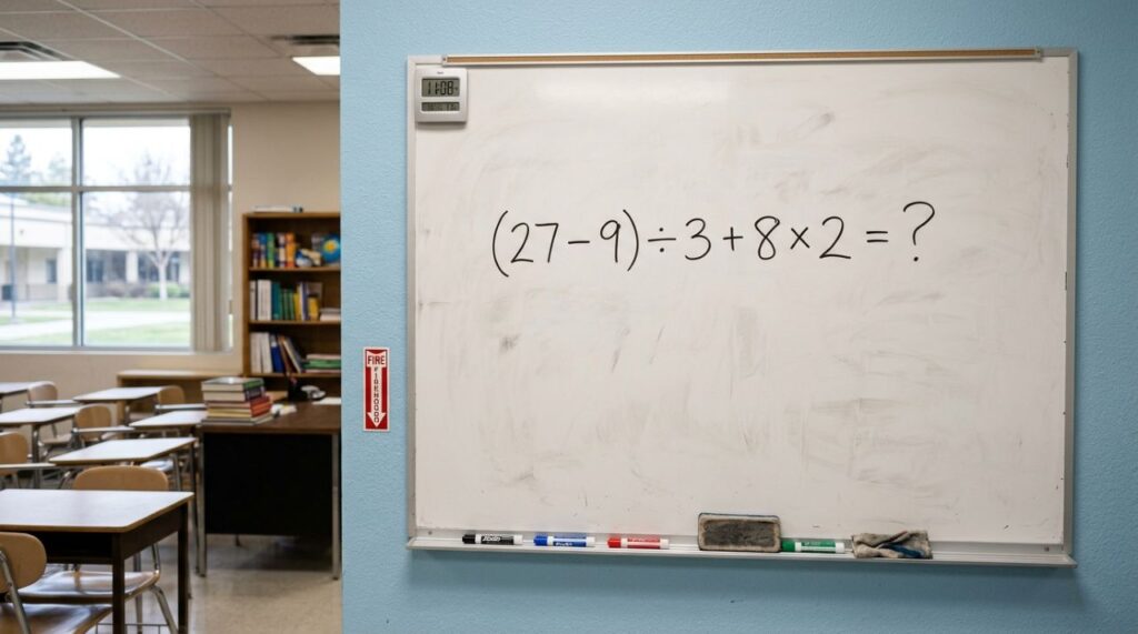 A maioria começa pela parte errada: (27 – 9) ÷ 3 + 8 × 2