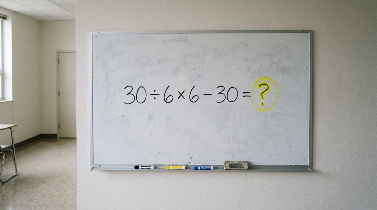 Quatro números conhecidos formam um desafio que exige atenção: 30 ÷ 6 × 6 − 30