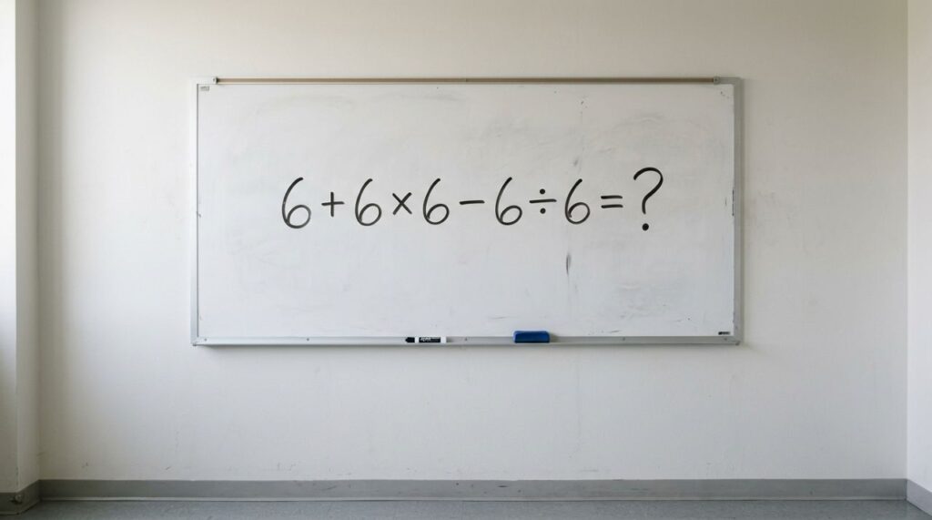 Cinco números simples formam uma conta que pode confundir quem tenta resolver tudo de uma vez 6 + 6 × 6 − 6 ÷ 6