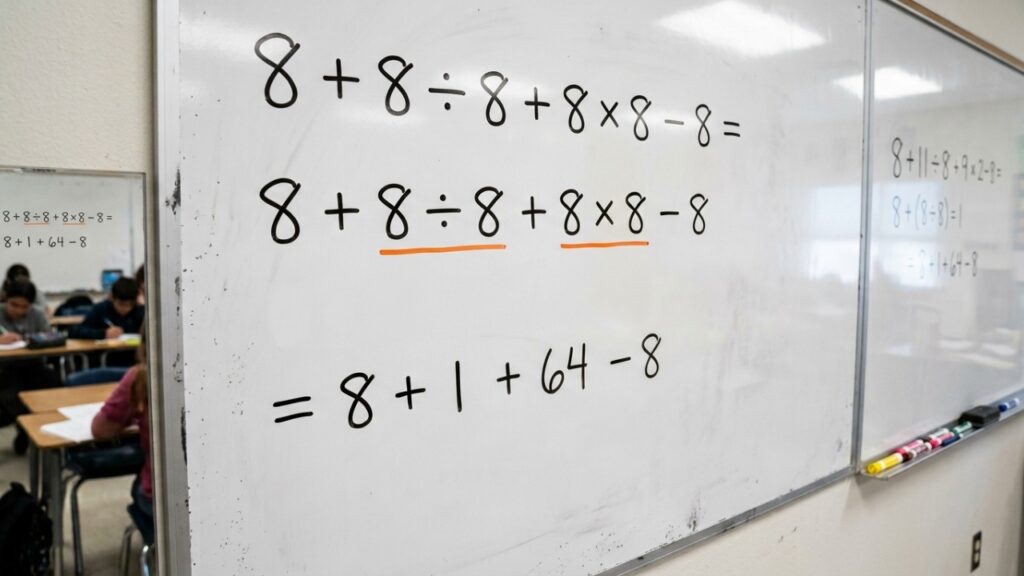 Só com o número 8, você consegue resolver 8 + 8 ÷ 8 + 8 × 8 - 8 corretamente?