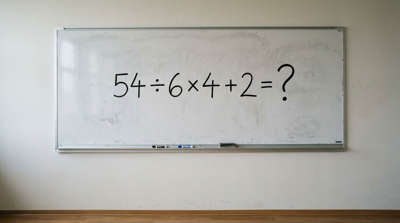Quem resolve esta em menos de 15 segundos ainda lembra bem da matemática: 54 ÷ 6 × 4 + 2