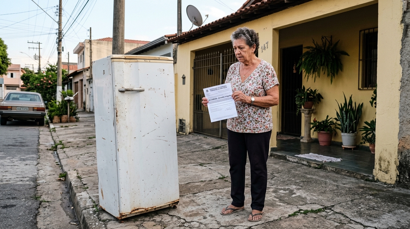 Aposentada deixa a geladeira velha na calçada para o caminhão da prefeitura, é multada em R$ 2.900 por descarte irregular e descobre que o próprio fabricante recolhia o aparelho de graça na porta de casa