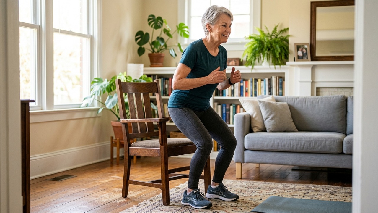 Aos 72 anos, ela mantém uma rotina com apenas 6 exercícios simples e mostra como movimentos feitos em casa podem trabalhar força, coordenação e equilíbrio