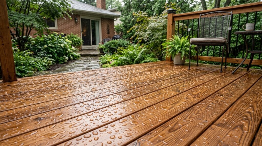 Especialista em madeira mostra como proteger decks externos contra chuva usando stain nas fibras para reduzir rachaduras e desgaste causado pelo clima