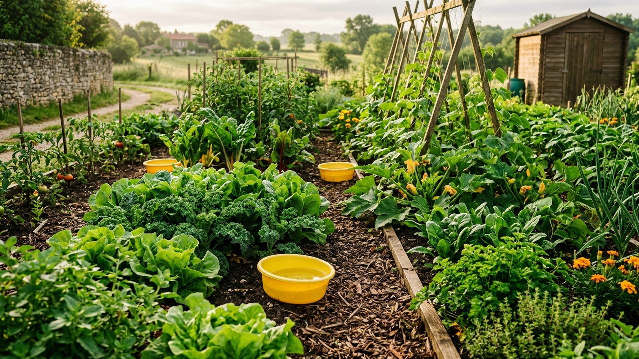 Bacia amarela com água e óleo vegetal na horta: a armadilha visual simples que atrai e faz captura massiva de pulgões alados sem veneno