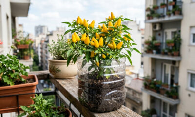 Essa pimenta amarela em garrafa PET tem zero ardência e produz o ano inteiro: a planta compacta perfeita para colorir varandas de apartamento