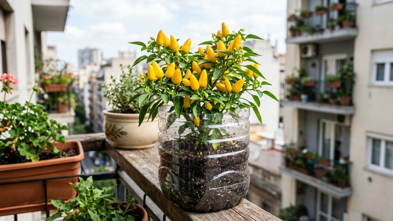 Essa pimenta amarela em garrafa PET tem zero ardência e produz o ano inteiro: a planta compacta perfeita para colorir varandas de apartamento