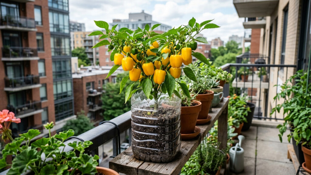 Essa pimenta amarela em garrafa PET tem zero ardência e produz o ano inteiro: a planta compacta perfeita para colorir varandas de apartamento