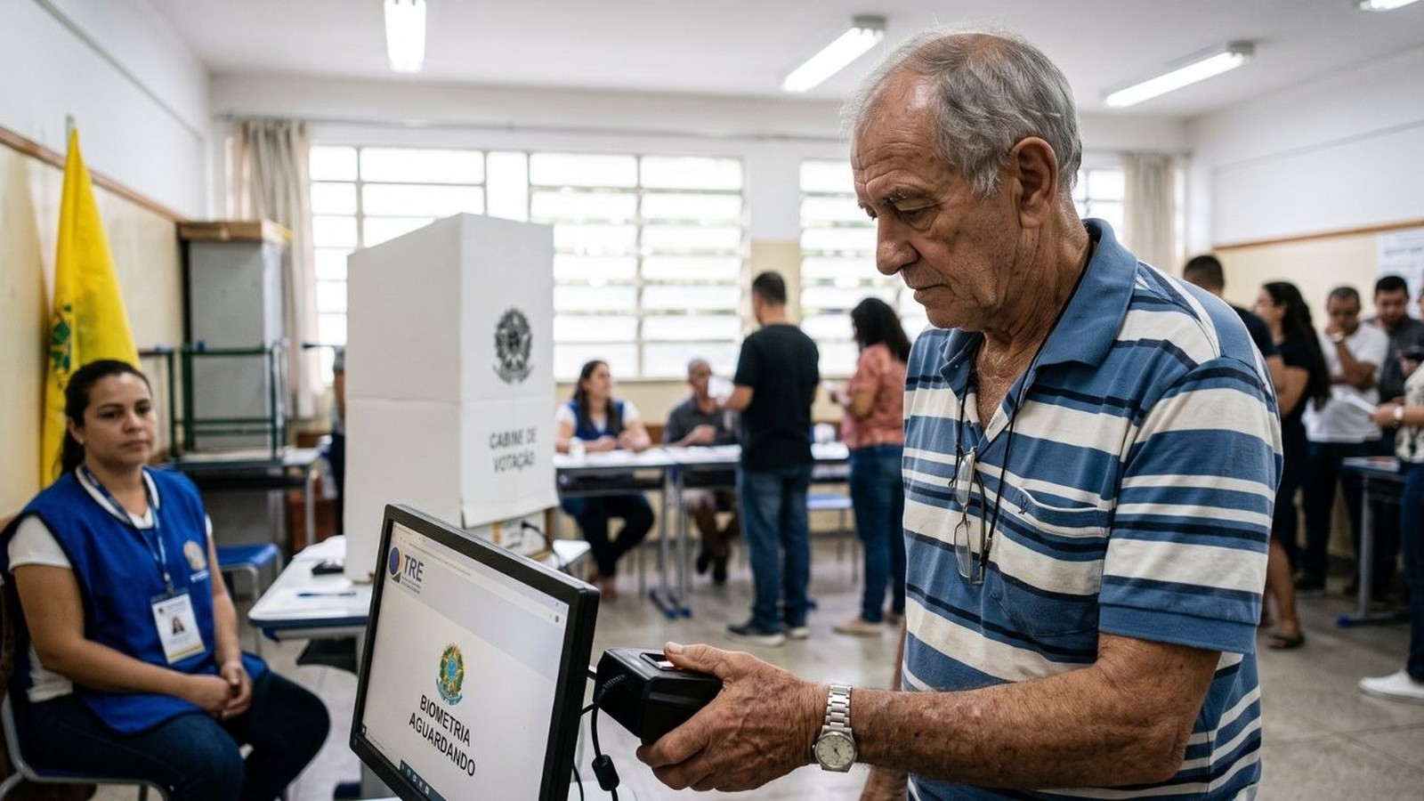 Homem idoso escaneia digital em leitor biométrico no TRE, tela mostra "Biometria Aguardando"