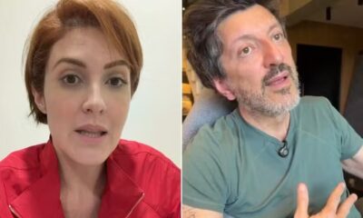 Retrato de mulher ruiva em jaqueta vermelha e homem barbudo de camiseta verde, lado a lado