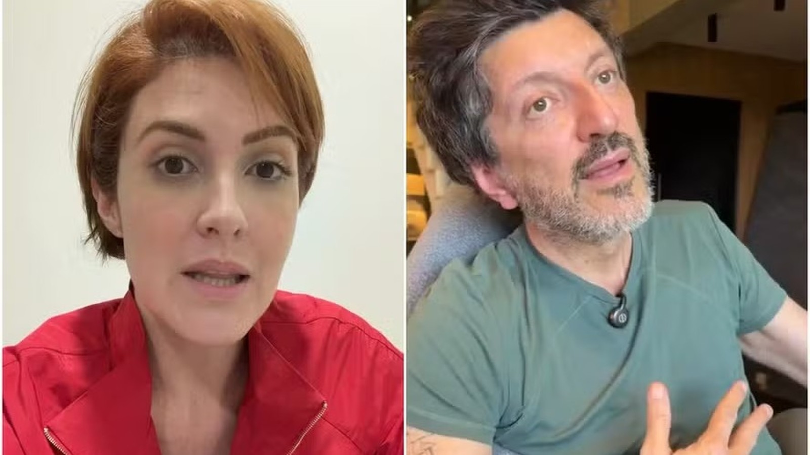 Retrato de mulher ruiva em jaqueta vermelha e homem barbudo de camiseta verde, lado a lado