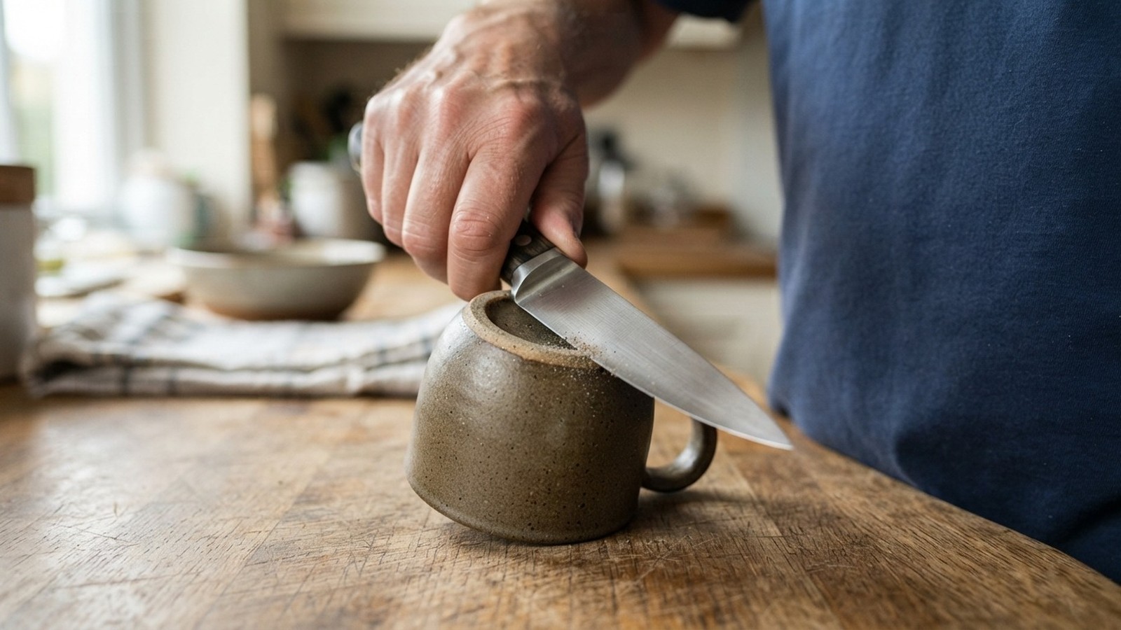 Mão de pessoa afiando faca de cozinha contra o fundo de uma xícara de cerâmica
