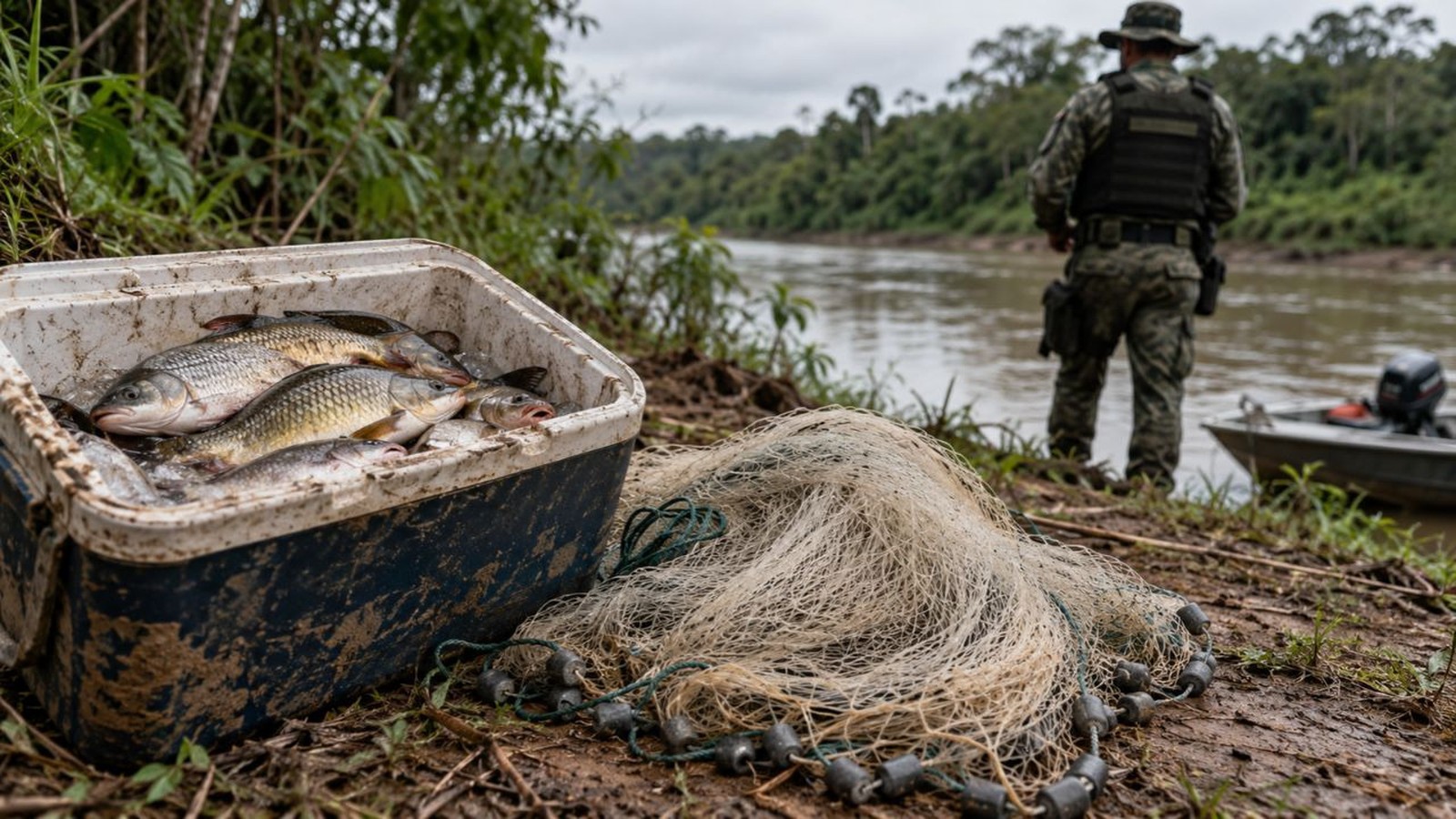 Peixes em cooler, rede de pesca no chão, policial militar e barco à beira de rio