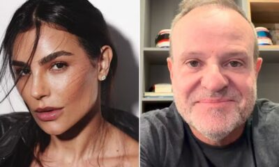 Cíntia Chagas e Rubens Barrichello em retratos individuais lado a lado.