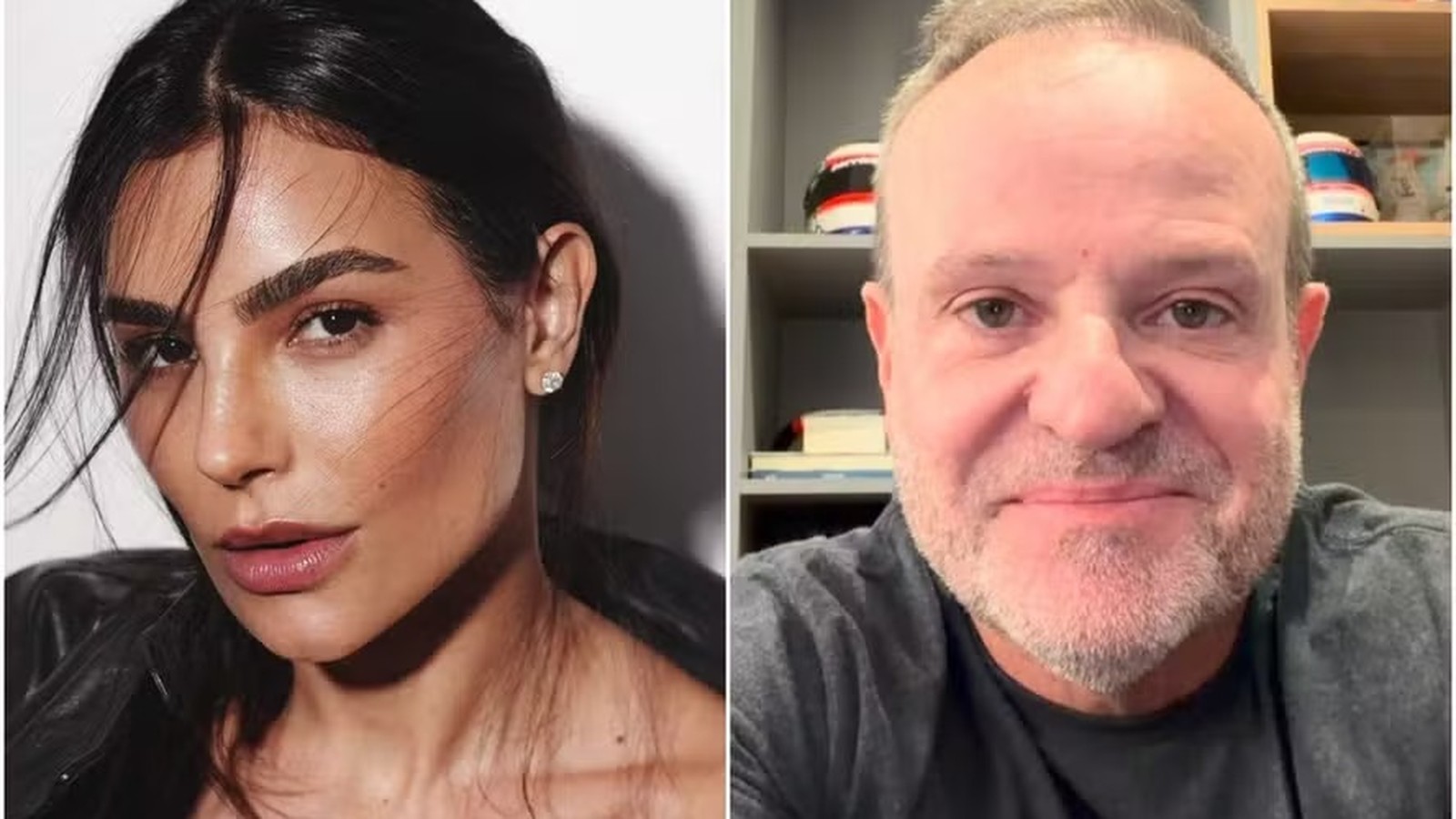 Cíntia Chagas e Rubens Barrichello em retratos individuais lado a lado.