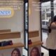 Mulher surpreendida pelo pai em sua clínica, emocionados abraçam-se ao lado de letreiro BOTO CENTER