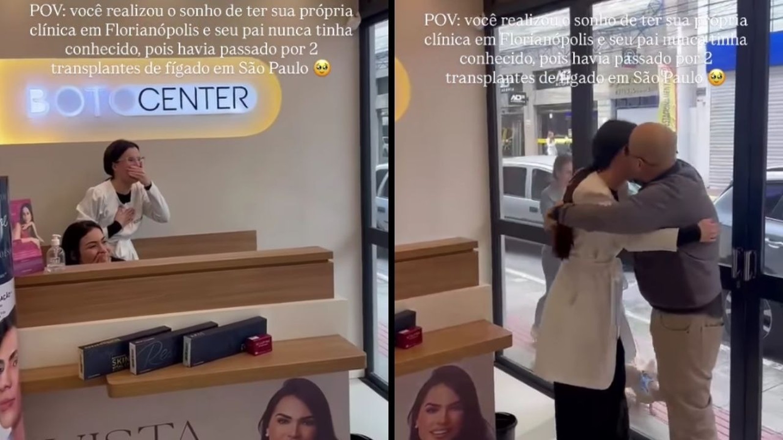 Mulher surpreendida pelo pai em sua clínica, emocionados abraçam-se ao lado de letreiro BOTO CENTER