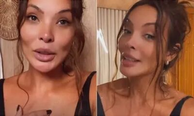 Duas imagens de Carol Nakamura. Cabelo castanho, maquiagem, olhando para frente e sorrindo