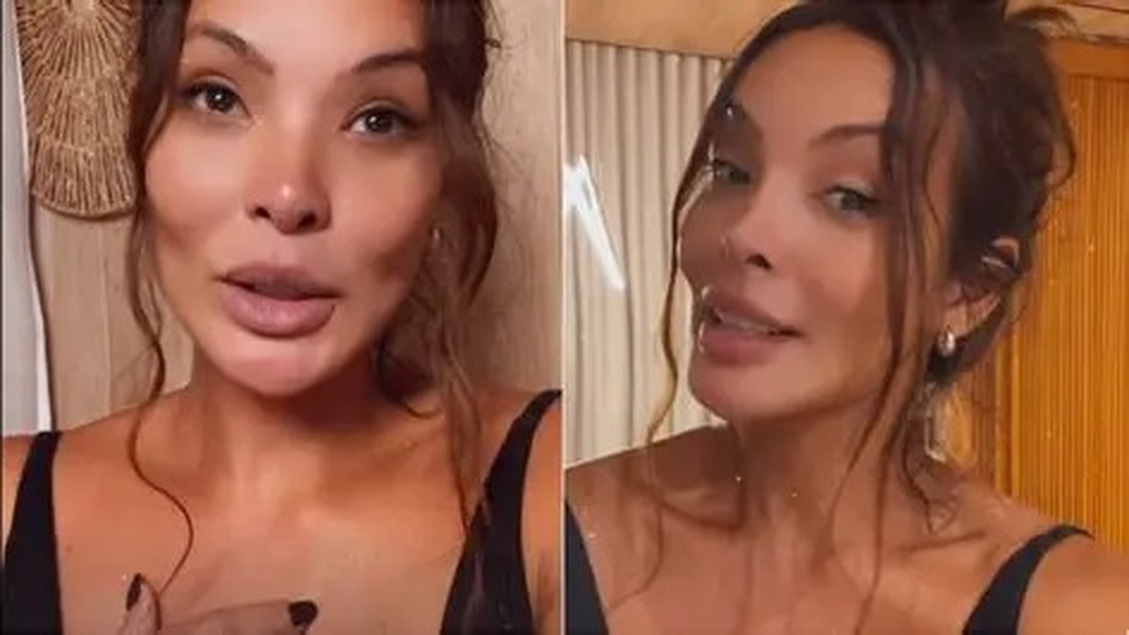Duas imagens de Carol Nakamura. Cabelo castanho, maquiagem, olhando para frente e sorrindo