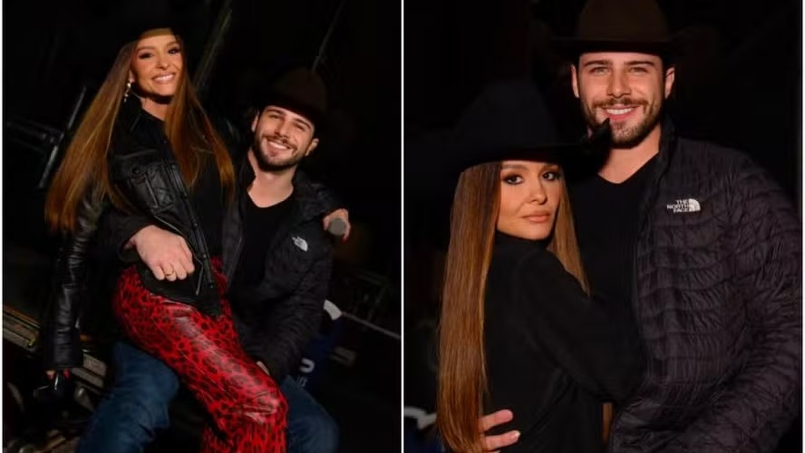 Maiara e Felipe Cavalliere, sorrindo e usando chapéus de cowboy, em duas fotos de bastidores