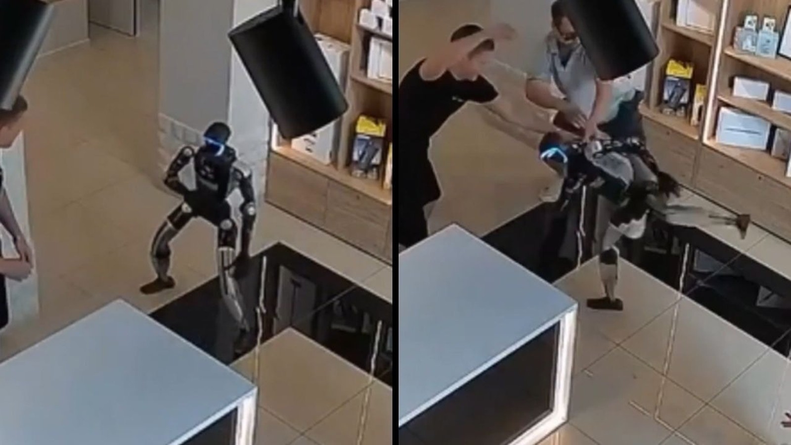 Robô humanoide preto com luz azul na cabeça atacando dois homens em uma loja