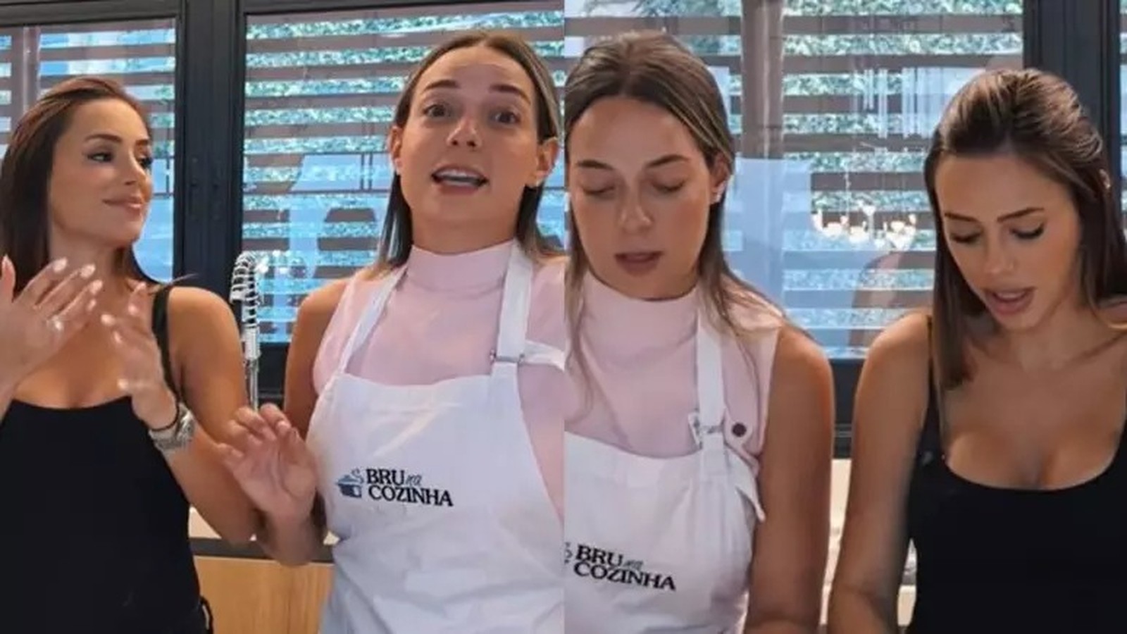 Bruna Biancardi de avental "BRU na COZINHA" e Carol Dantas em vídeo de culinária