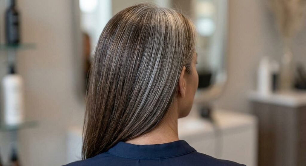 Cabelo em transição para o grisalho, com raiz prateada crescendo e se misturando ao comprimento castanho.