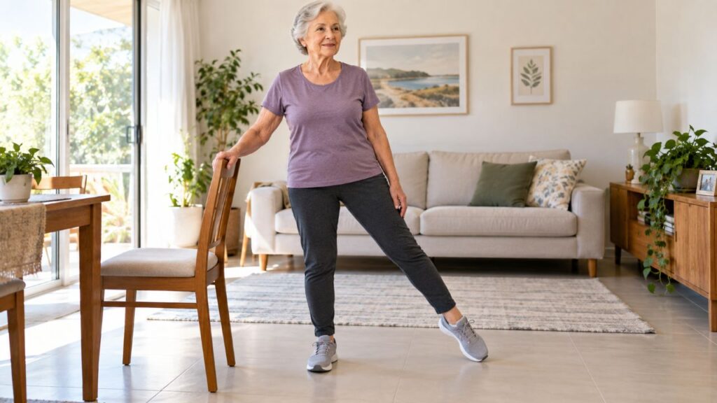 O exercício do relógio: um pé fica parado enquanto o outro aponta para diferentes direções e desafia o equilíbrio depois dos 70